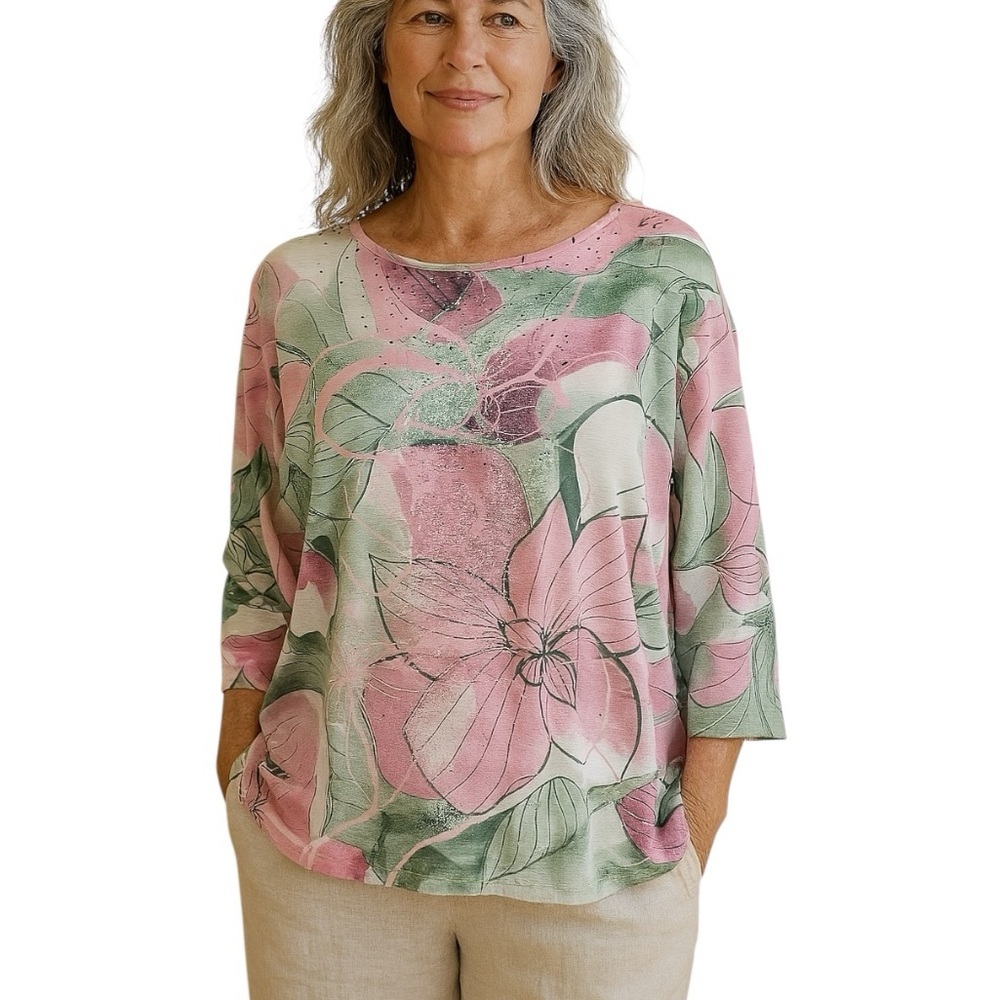 Alfred Dunner XL Petite Pink Green Floral Casual Shirt Cottagecore Coastal